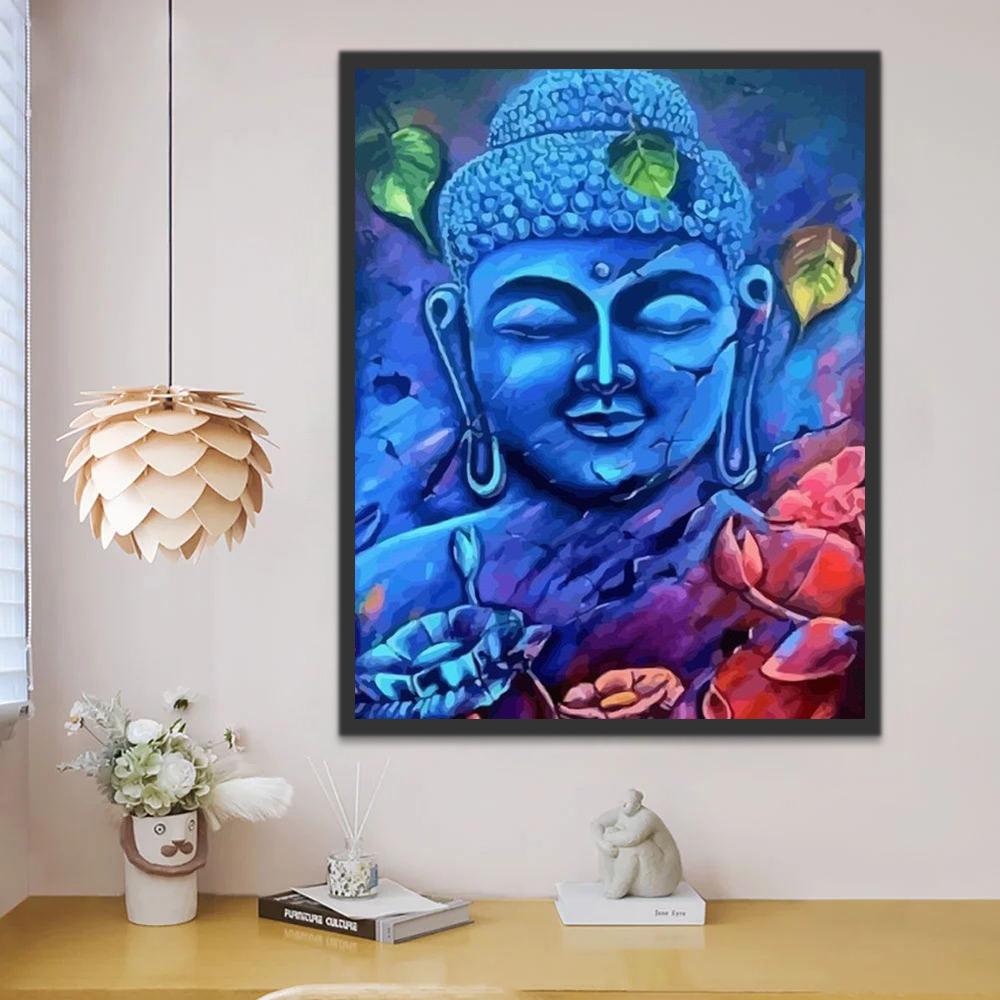 Estatua Azul de Buda y Hojas Caídas Pintar por Números