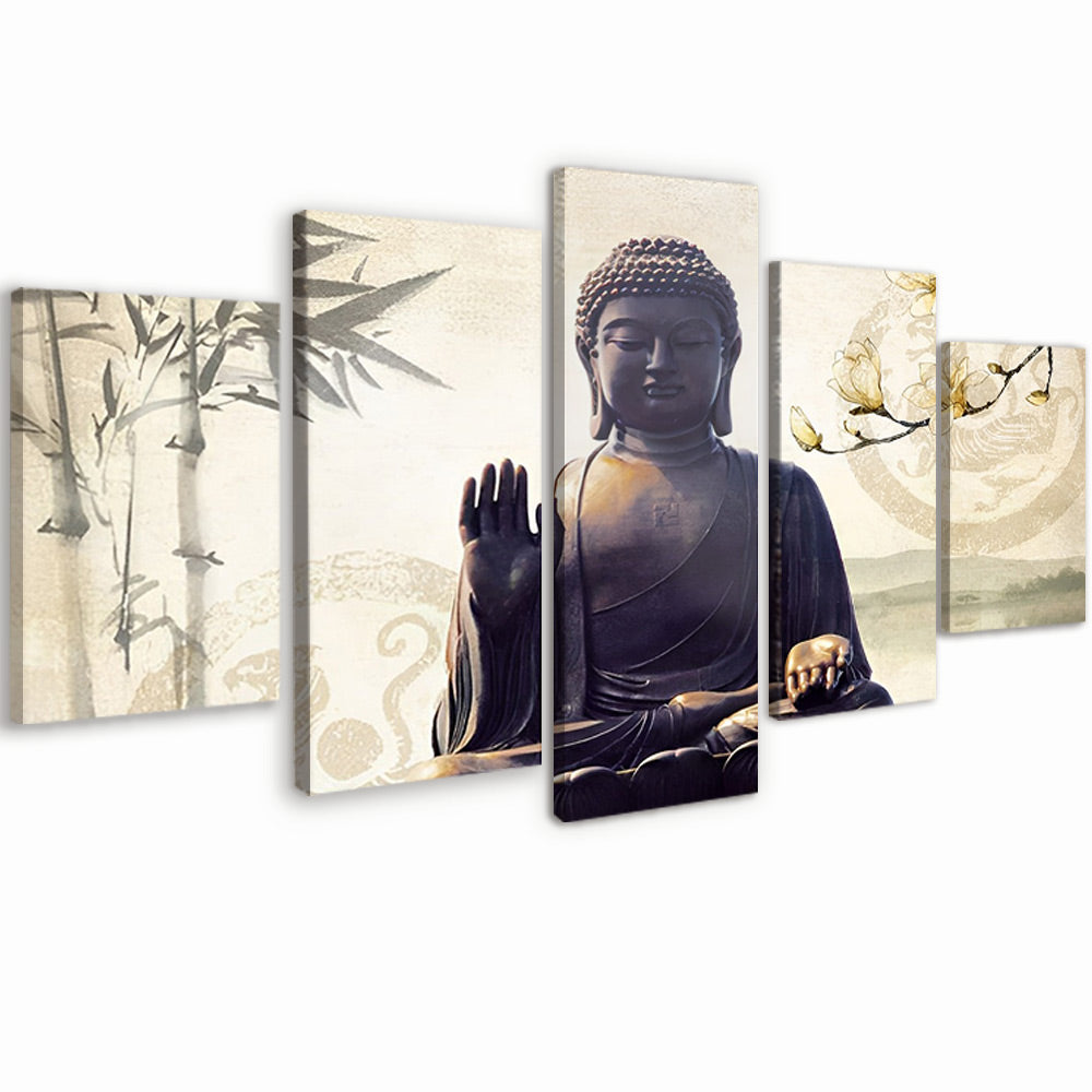 Estatua de Buda y Flores de Magnolias y Bambú 5 Partes Pintar por Números
