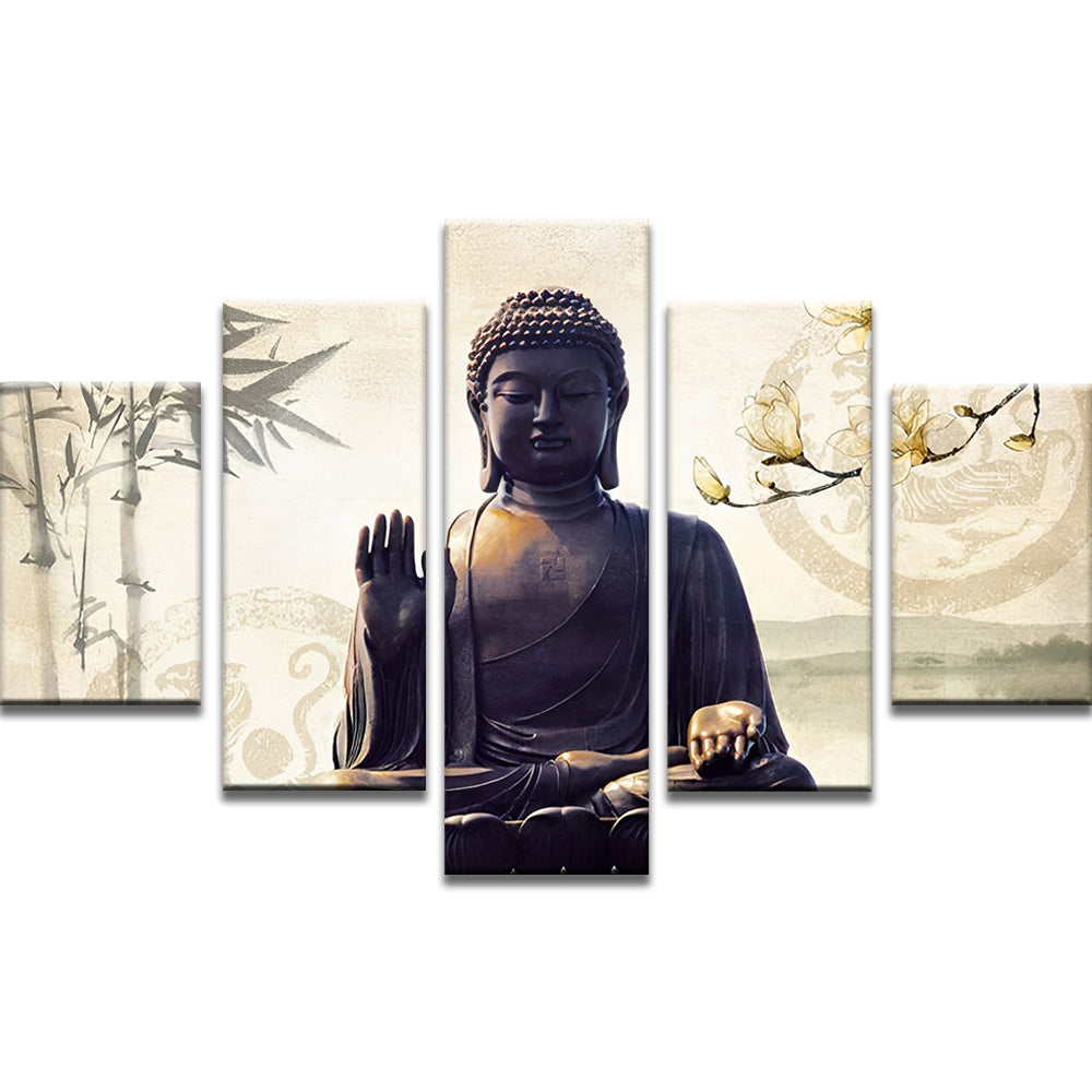 Estatua de Buda y Flores de Magnolias y Bambú 5 Partes Pintar por Números