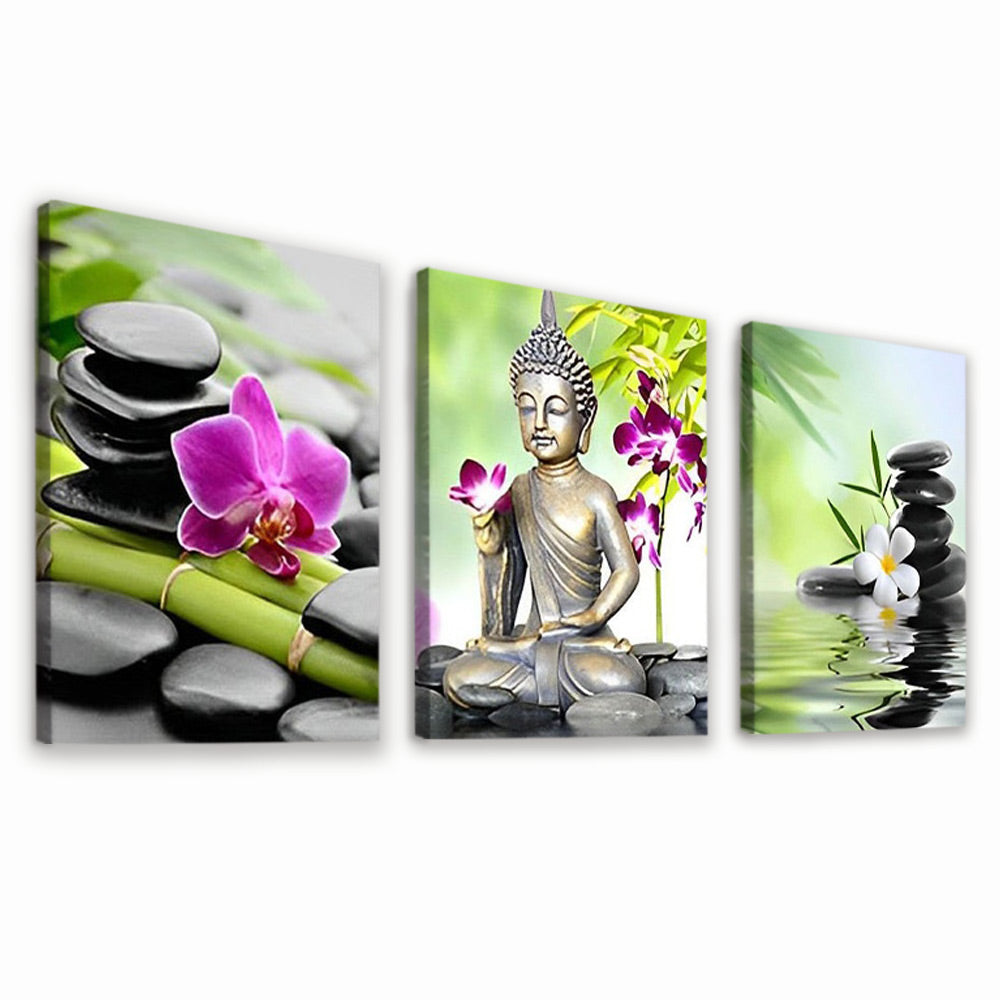 Estatua de Buda y Flores de Orquídea y Guijarros Negros 3 Partes Pintar por Números
