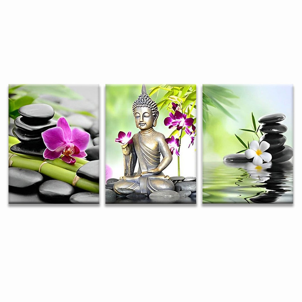 Estatua de Buda y Flores de Orquídea y Guijarros Negros 3 Partes Pintar por Números