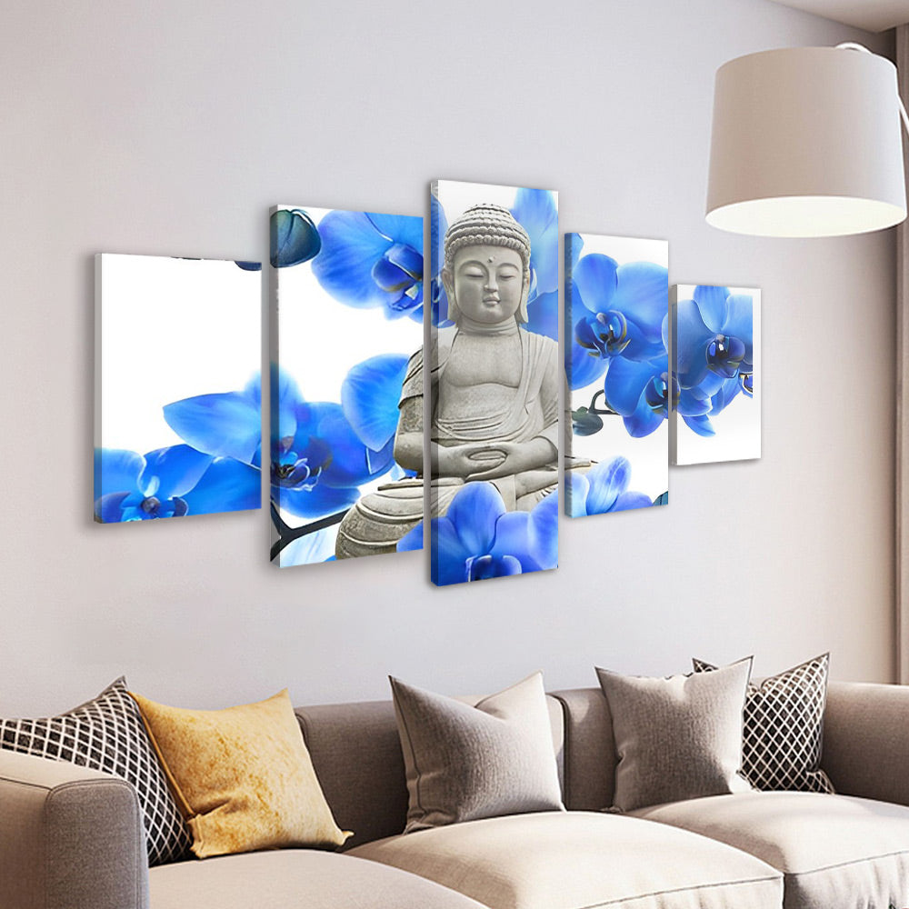 Estatua de Buda y Orquídeas Azules 5 Partes Pintar por Números