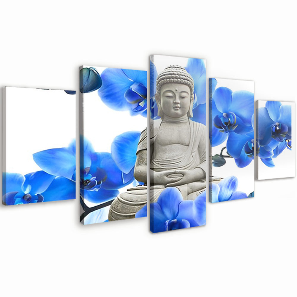 Estatua de Buda y Orquídeas Azules 5 Partes Pintar por Números