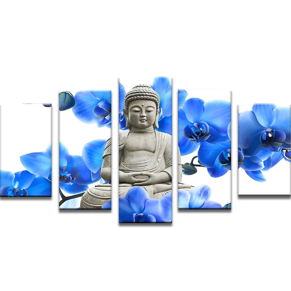 Estatua de Buda y Orquídeas Azules 5 Partes Pintar por Números