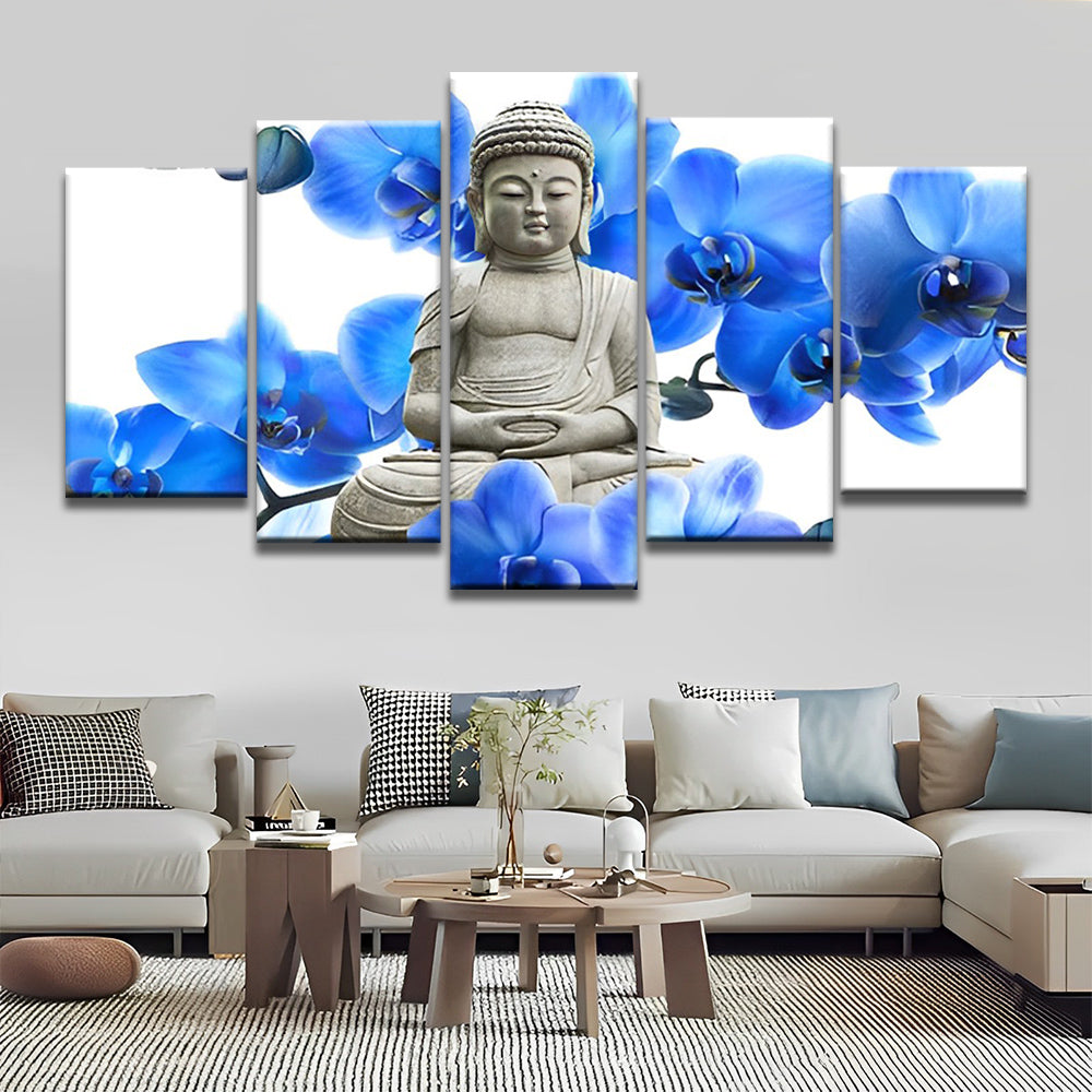 Estatua de Buda y Orquídeas Azules 5 Partes Pintar por Números