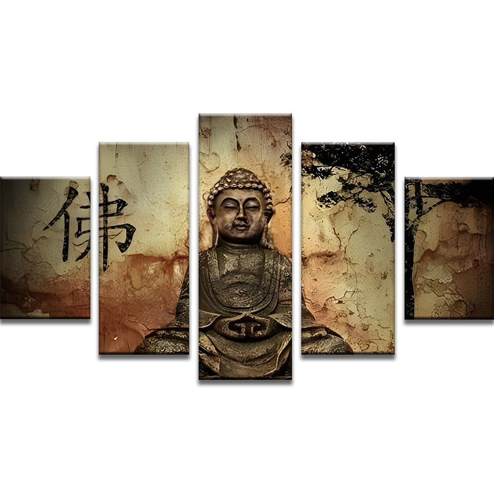 Estatua de Buda y Silueta de Árbol 5 Partes Pintar por Números