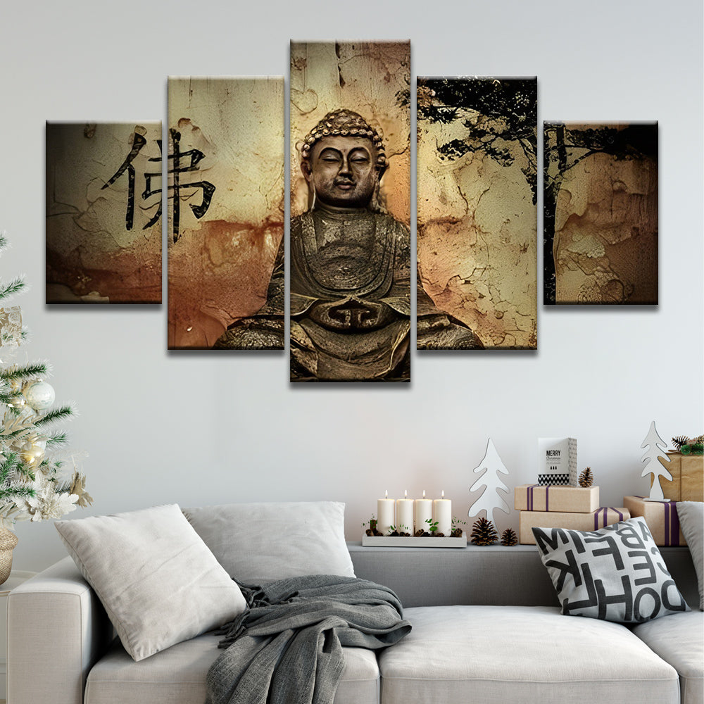 Estatua de Buda y Silueta de Árbol 5 Partes Pintar por Números