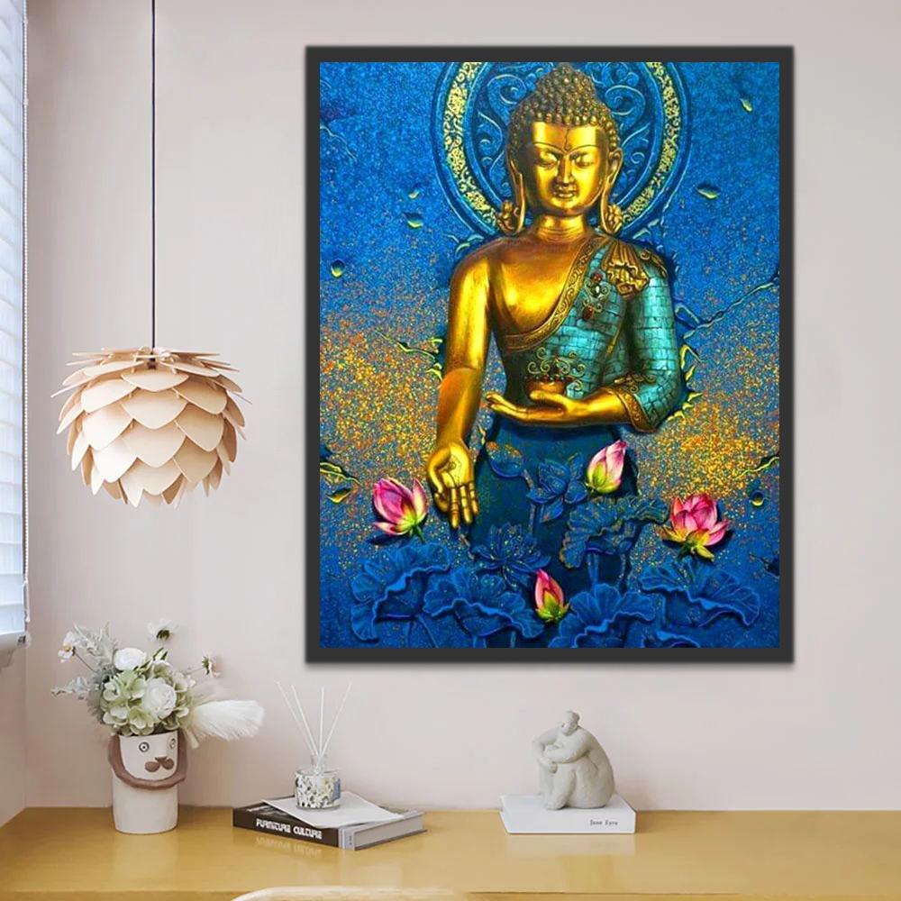 Estatua Dorada de Buda en el Fondo Azul Pintar por Números