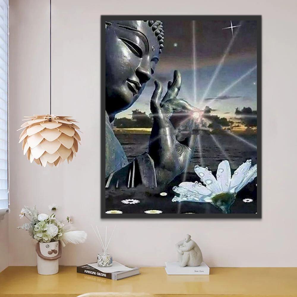 Estatua Negra de Buda y Flor Blanca Pintar por Números