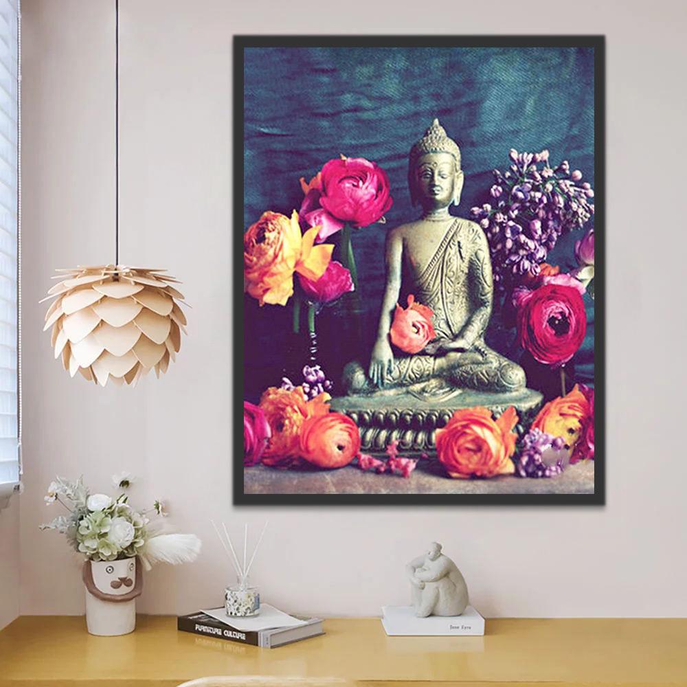 Estatua Pequeña de Buda Rodeada de Peonías Coloridas Pintar por Números