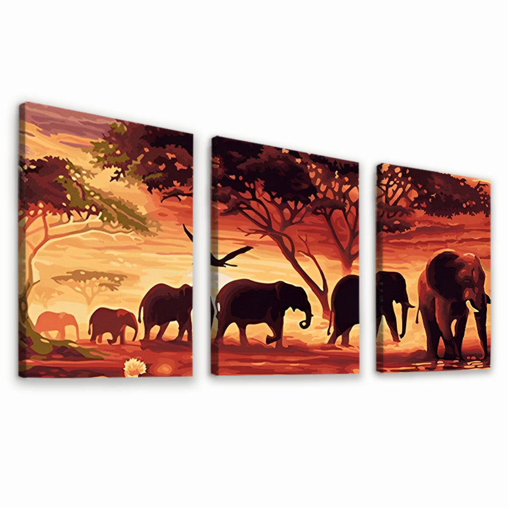 Familia de Elefantes y Cielo Rojo 3 Partes Pintar por Números