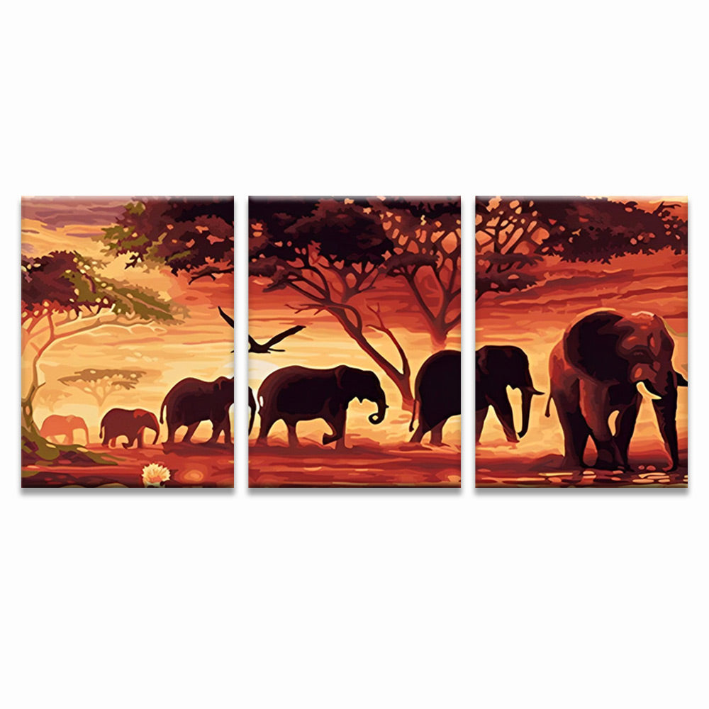 Familia de Elefantes y Cielo Rojo 3 Partes Pintar por Números