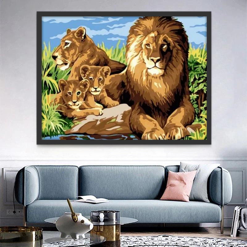 Familia de Leones en el Césped Pintar por Números