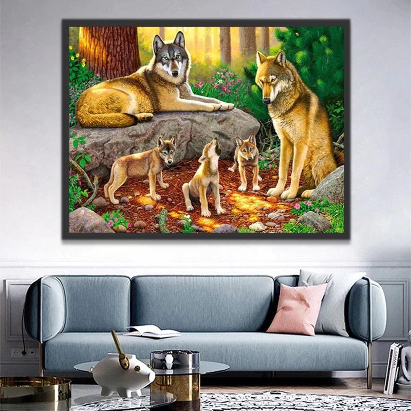 Familia de Lobos en Bosque de Árboles Verdes Pintar por Números