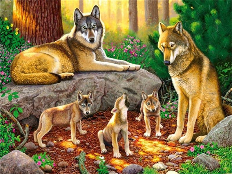 Familia de Lobos en Bosque de Árboles Verdes Pintar por Números