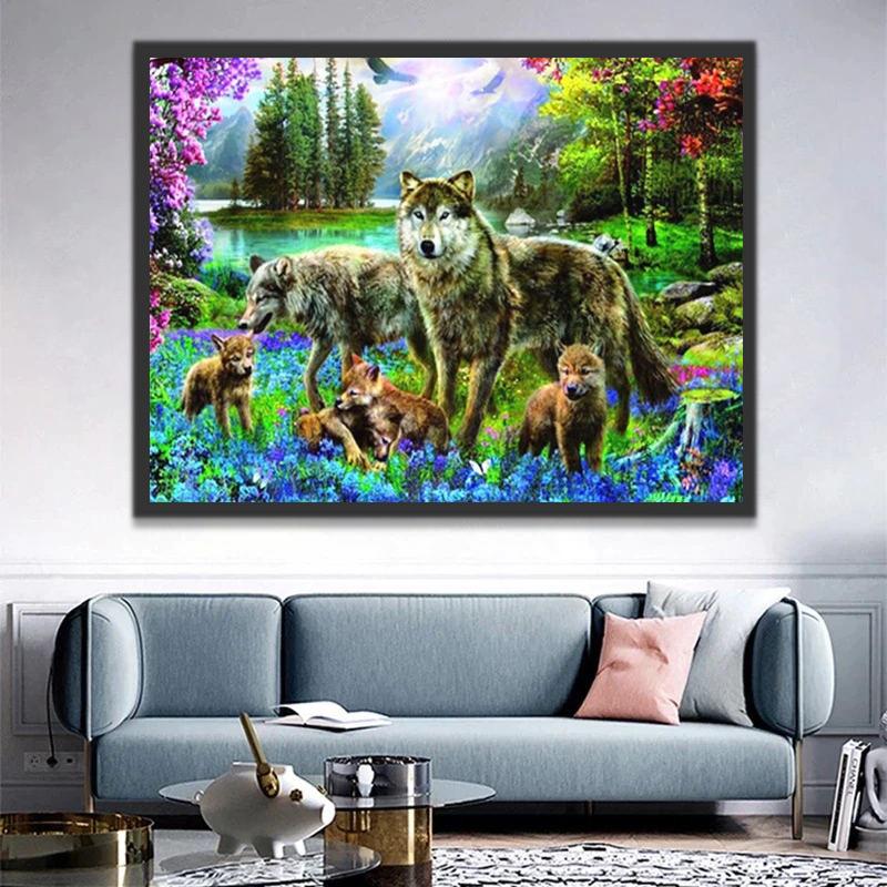 Familia de Lobos en las Flores de Bosque Pintar por Números