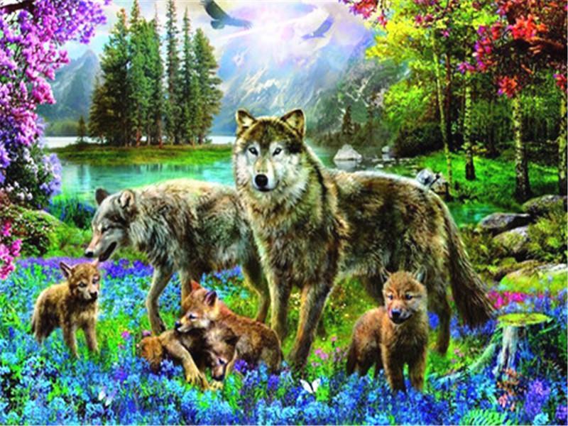 Familia de Lobos en las Flores de Bosque Pintar por Números