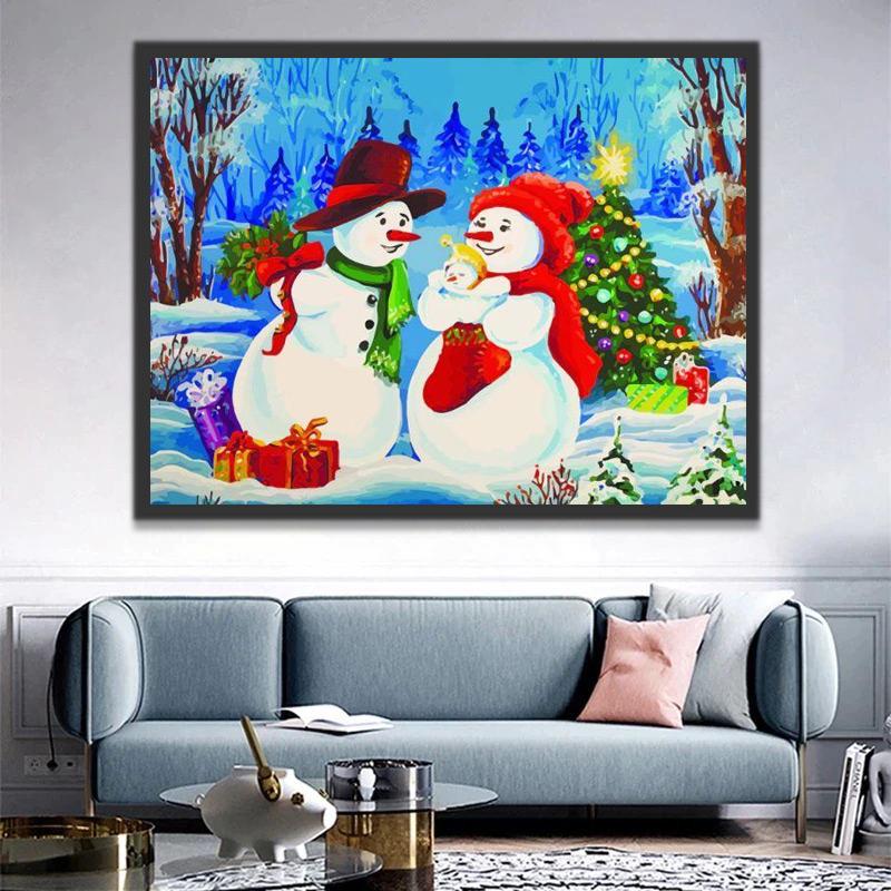 Familia de Muñecos de Nieve en Bosque Pintar por Números