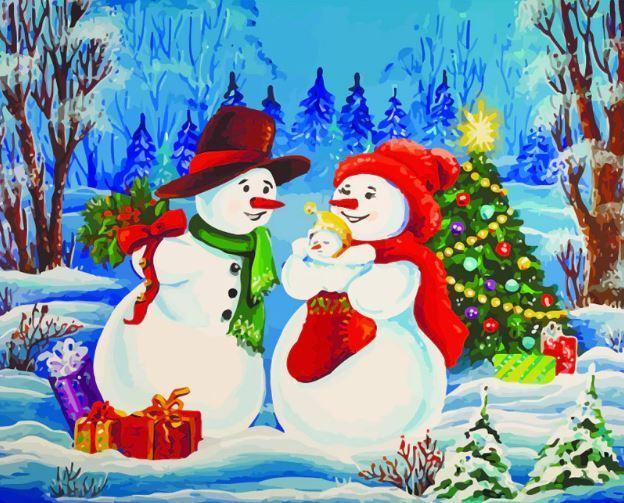 Familia de Muñecos de Nieve en Bosque Pintar por Números