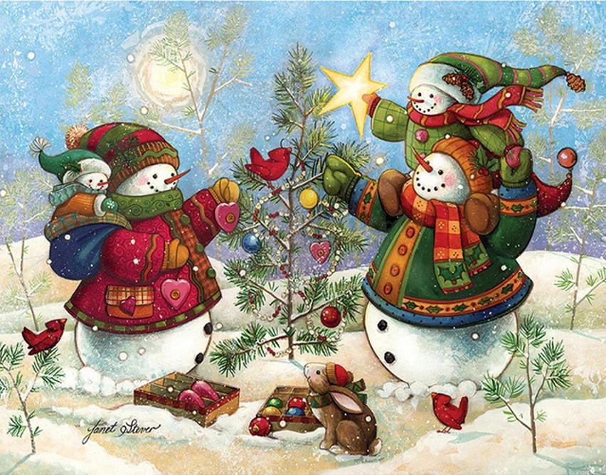 Familia de Muñecos de Nieve en Navidad Pintar por Números