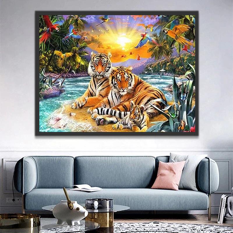 Familia de Tigres en Playa de Bosque Pintar por Números