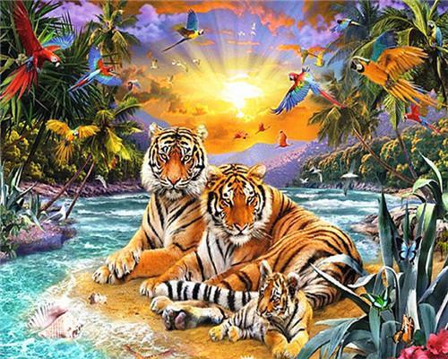 Familia de Tigres en Playa de Bosque Pintar por Números