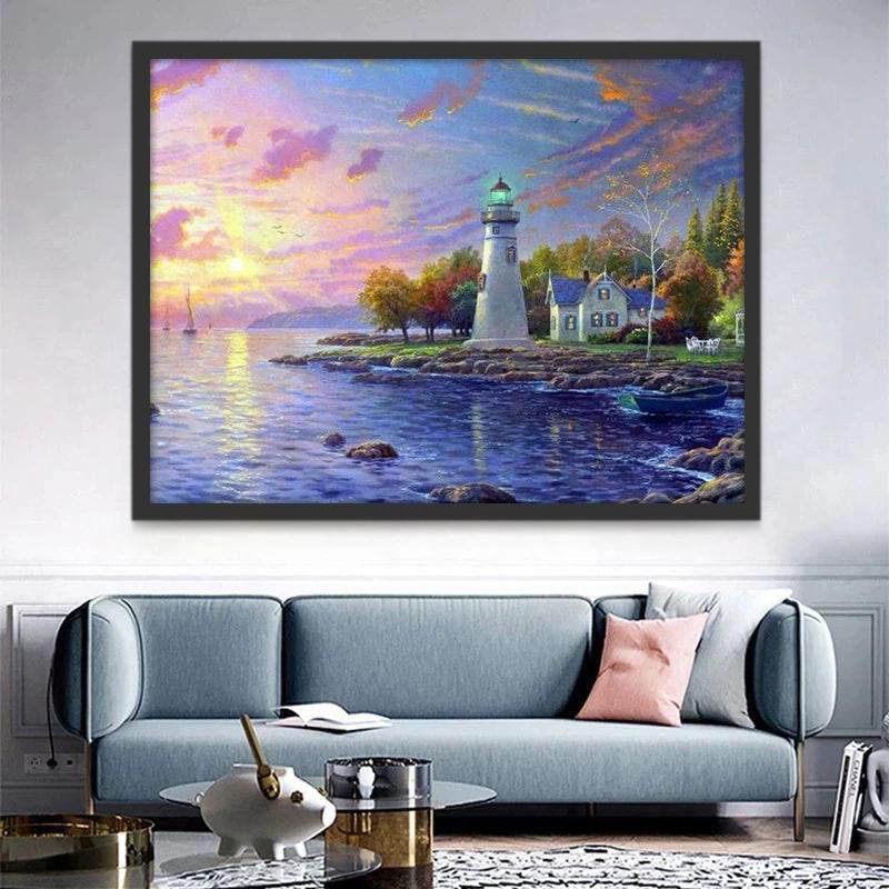 Faro al Lado del Mar con Puesta del Sol Pintar por Números