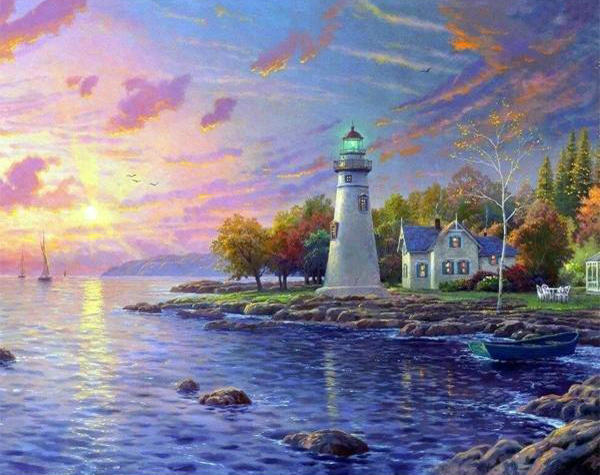 Faro al Lado del Mar con Puesta del Sol Pintar por Números