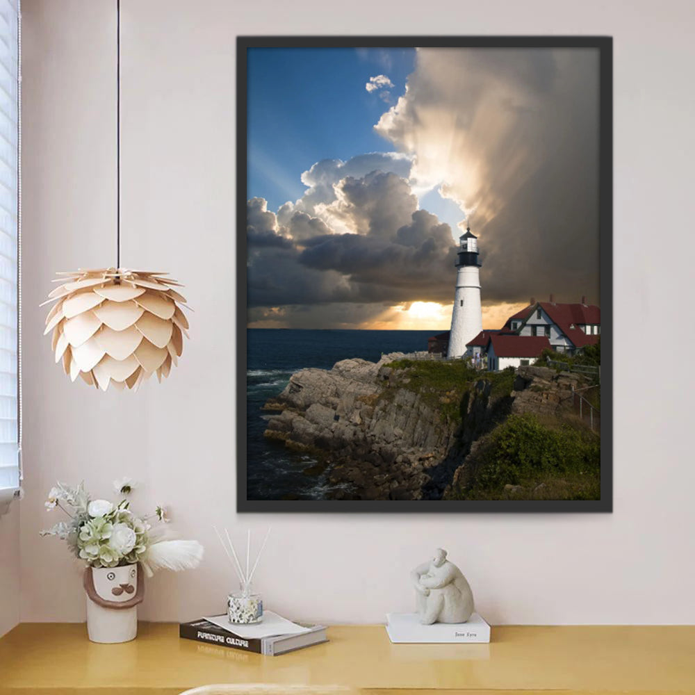 Faro en Costa y El Sol Cubierto de Nubes Pintar por Números