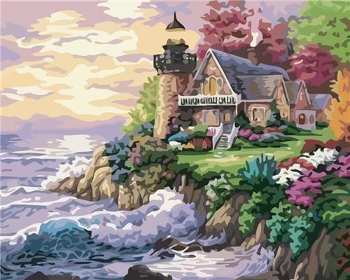 Faro en la Costa con Cabaña y Flores Pintar por Números