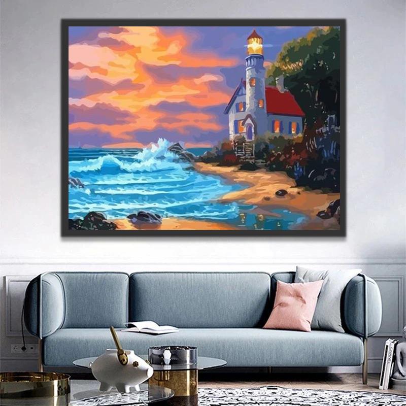 Faro Encendido en la Playa con Mar Azul Pintar por Números