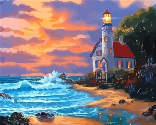 Faro Encendido en la Playa con Mar Azul Pintar por Números