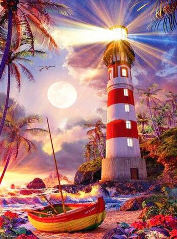 Faro Encendido y la Luna Llena Pintar por Números