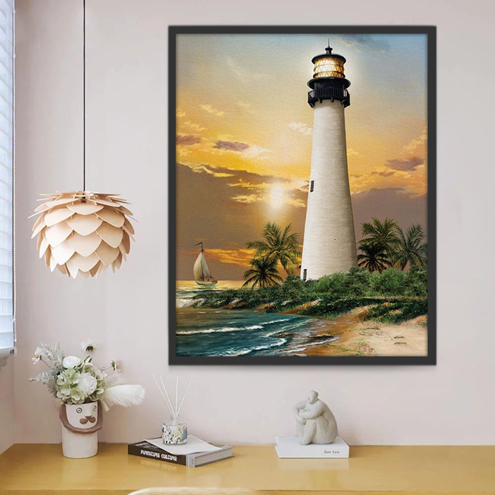 Faro Grande y Palmeras en la Playa Pintar por Números