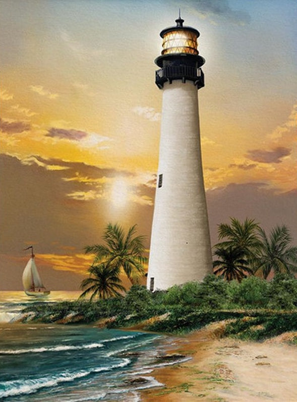 Faro Grande y Palmeras en la Playa Pintar por Números