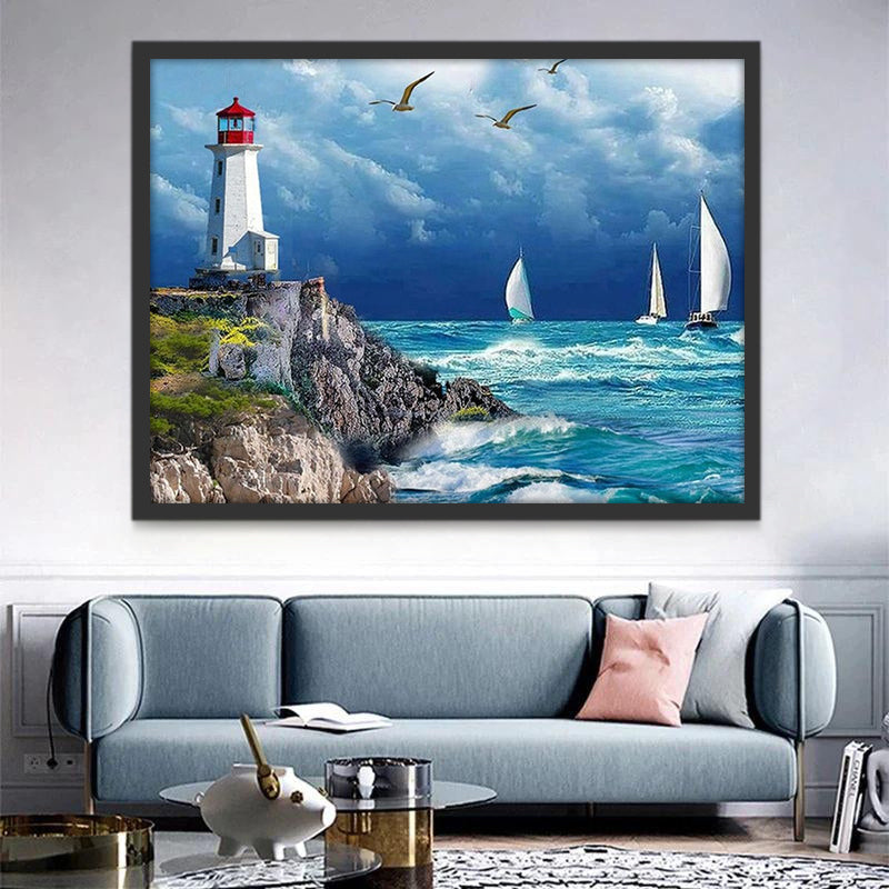Faro sobre la Roca y Barcos en el Mar Pintar por Números