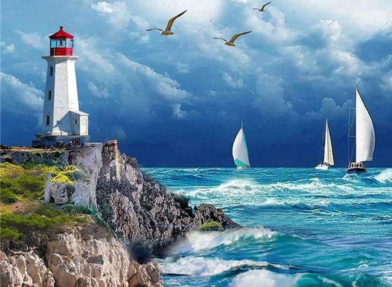 Faro sobre la Roca y Barcos en el Mar Pintar por Números