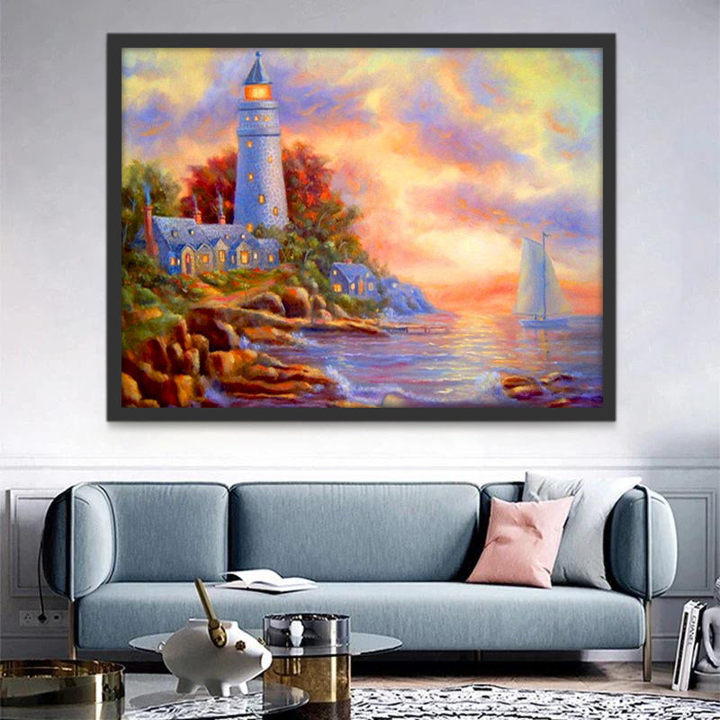 Faro y Barco y Cielo Colorido Pintar por Números