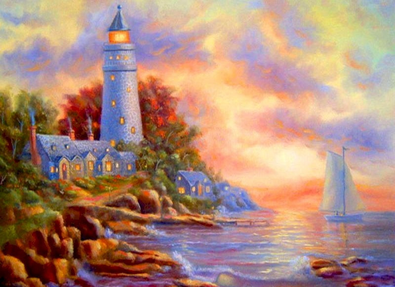 Faro y Barco y Cielo Colorido Pintar por Números
