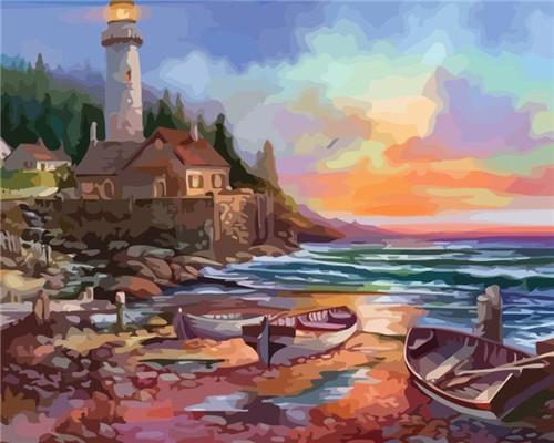 Faro y Barcos al Lado del Mar Pintar por Números
