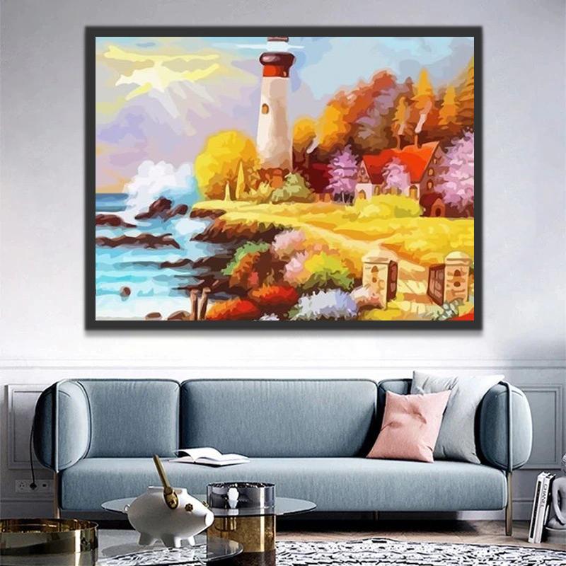 Faro y Bosque de Otoño al Lado del Mar Pintar por Números
