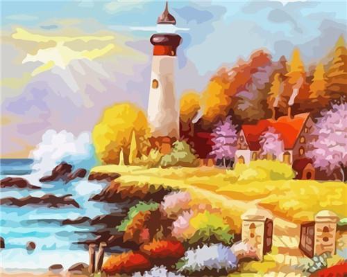 Faro y Bosque de Otoño al Lado del Mar Pintar por Números