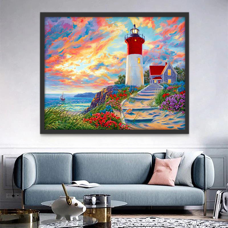 Faro y Cabaña con Nubes Coloridas Pintar por Números
