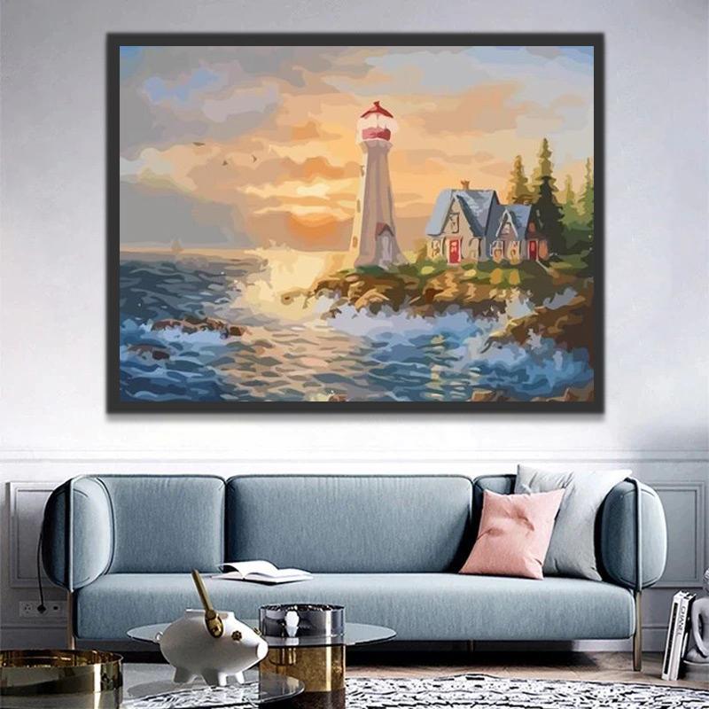 Faro y Cabaña con Olas Marinas Pintar por Números