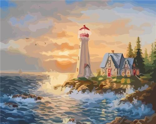Faro y Cabaña con Olas Marinas Pintar por Números