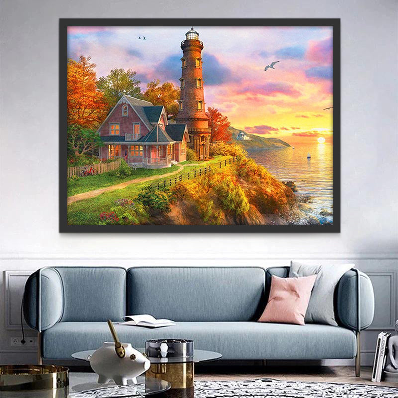 Faro y Cabaña con Puesta del Sol Pintar por Números