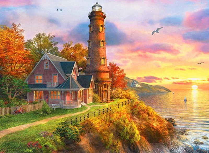 Faro y Cabaña con Puesta del Sol Pintar por Números