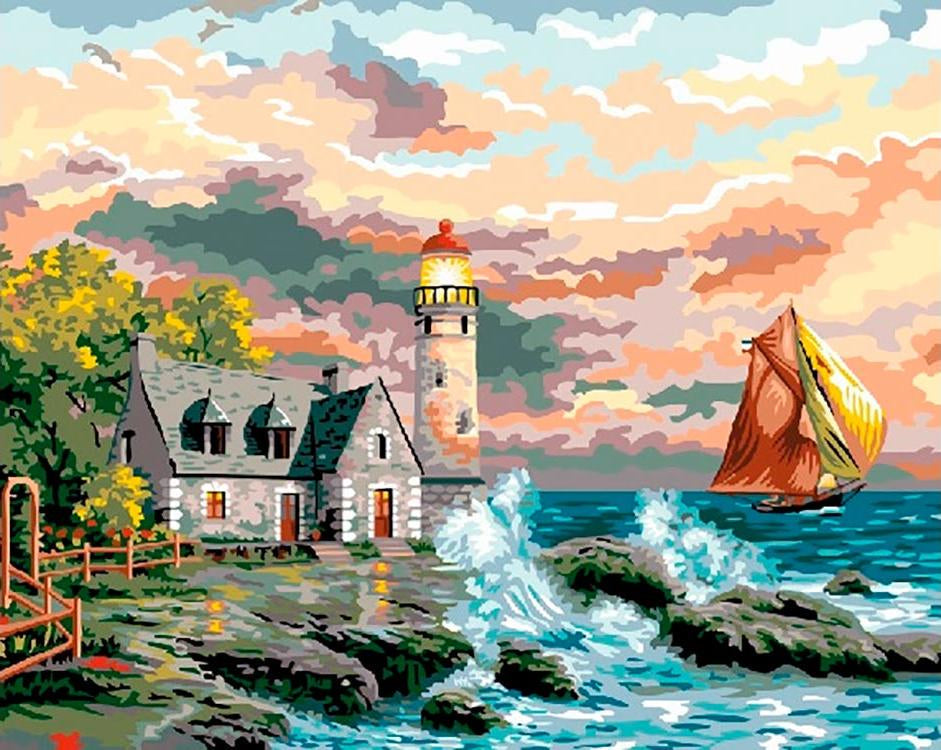 Faro y Casa Cerca de la Costa Pintar por Números