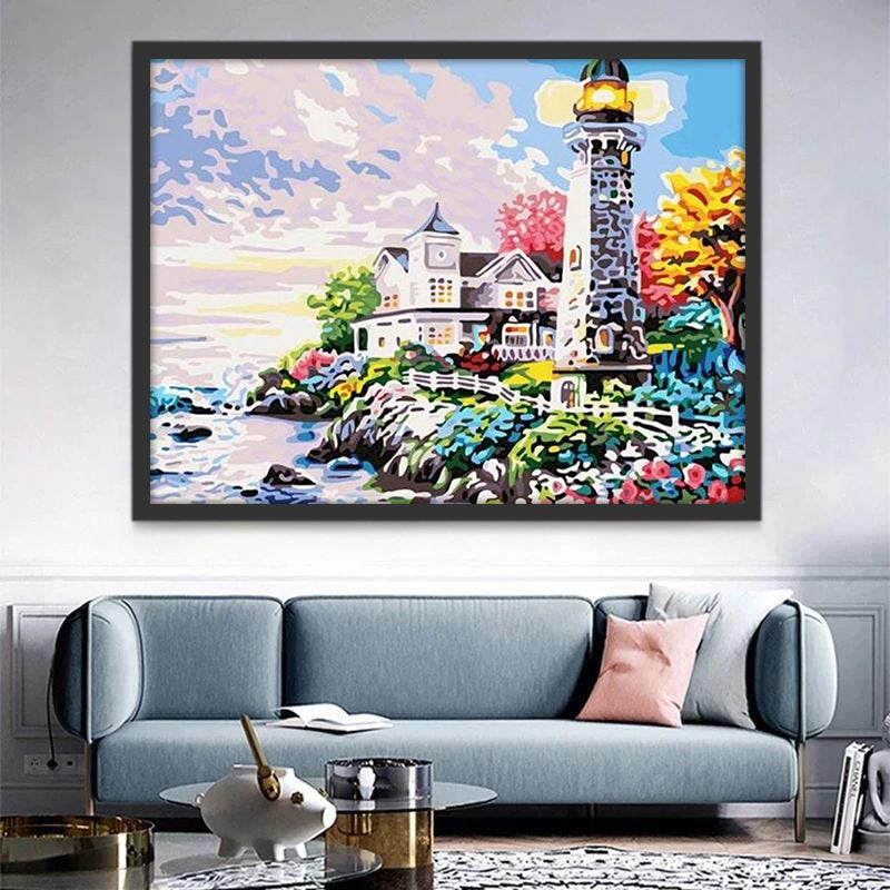 Faro y Casa en la Costa con Flores Pintar por Números