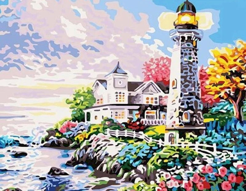 Faro y Casa en la Costa con Flores Pintar por Números